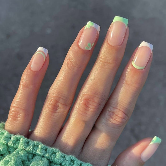 Fresh Garden Vibes Medium Square Clear with Green Accents and Charming Floral Design Press On Nail Set