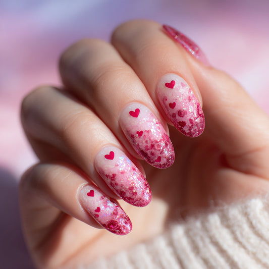Romantic Blush Medium Oval Shaped Pink Ombre Glitter Press on Nail Set with Heart Accents
