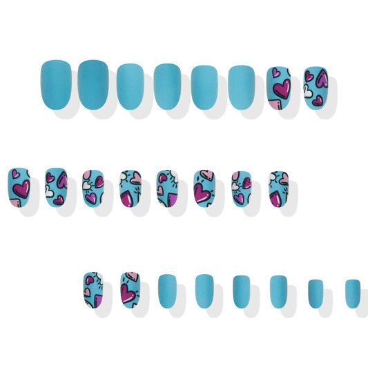 Whimsical Heartfelt Vibes Medium Oval Blue with Playful Heart Patterns Press On Nail Set