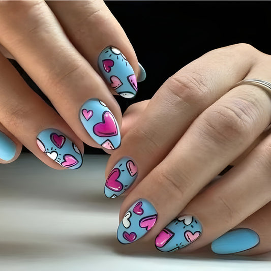 Whimsical Hearts Medium Almond Blue Press On Nail Set with Unique Hand-Drawn Design
