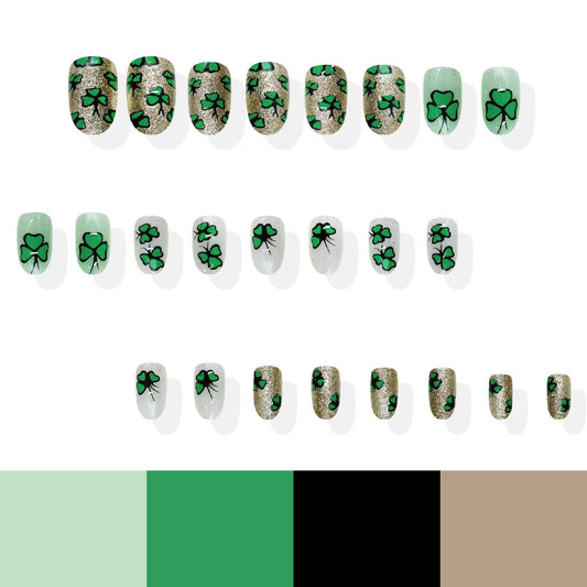 Lucky Clover Elegance Medium Oval Green with Charming Black Outline Press On Nail Set