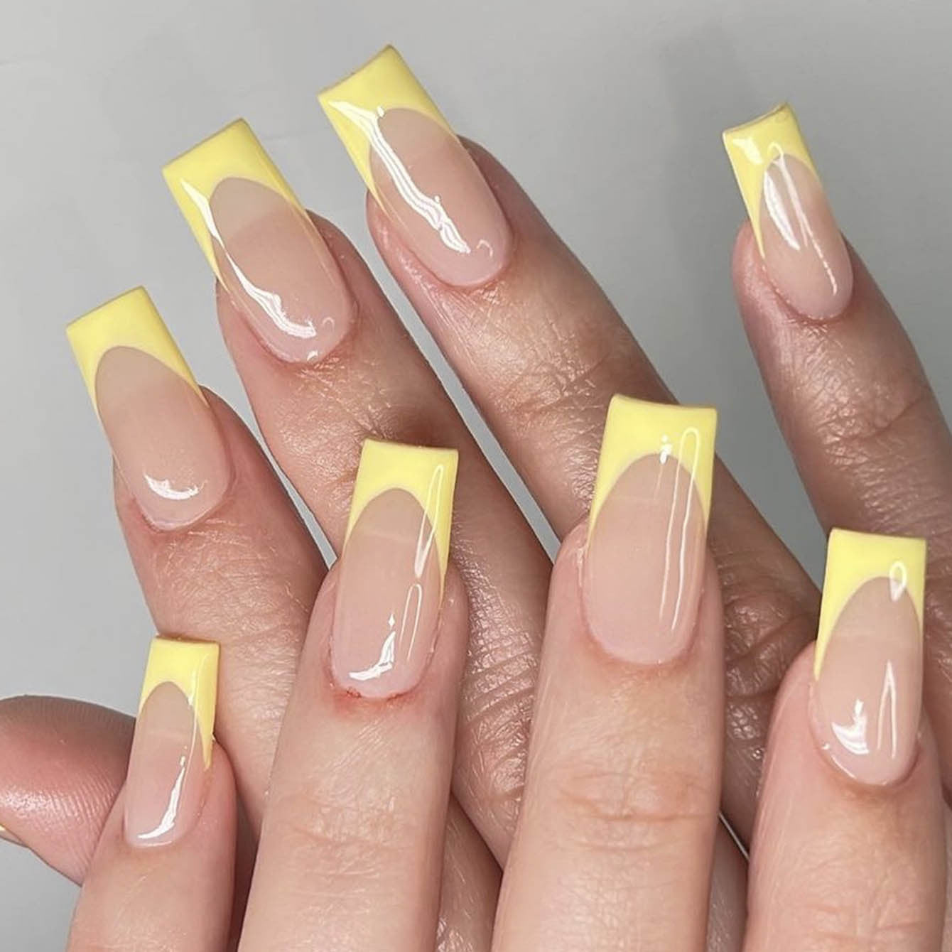Sunny Citrus Delight Long Square Transparent Nails with Glossy Yellow Tips