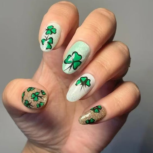 Lucky Clover Press On Nail Set Medium Almond Green with Glittery Shamrock Design