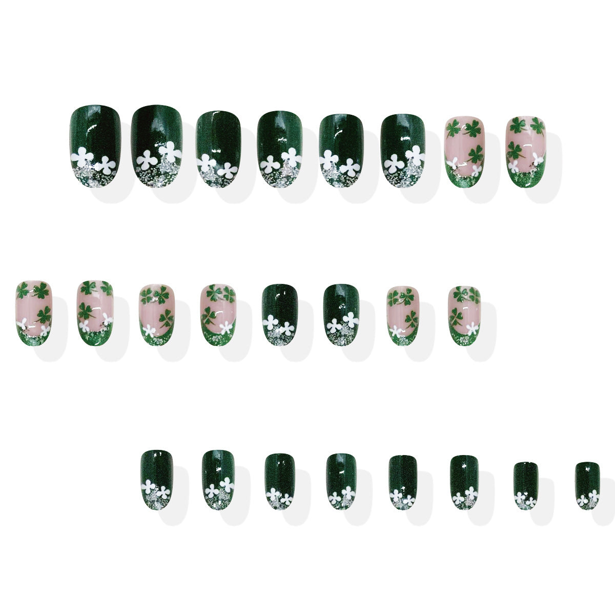 Enchanted Forest Medium Oval Deep Green with Delicate Floral Accents Press-on Nail Set