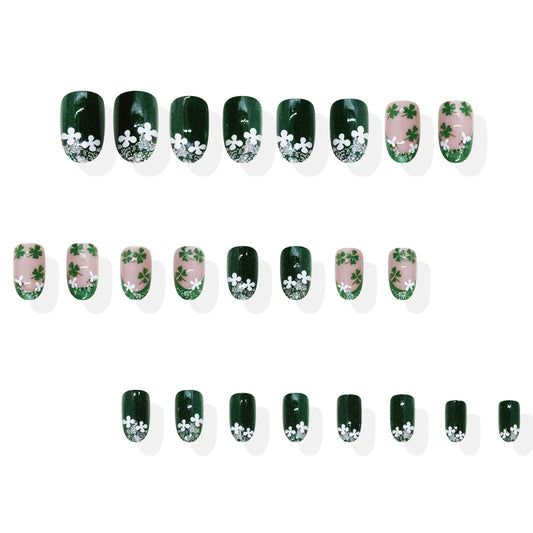 Enchanted Forest Medium Oval Deep Green with Delicate Floral Accents Press-on Nail Set