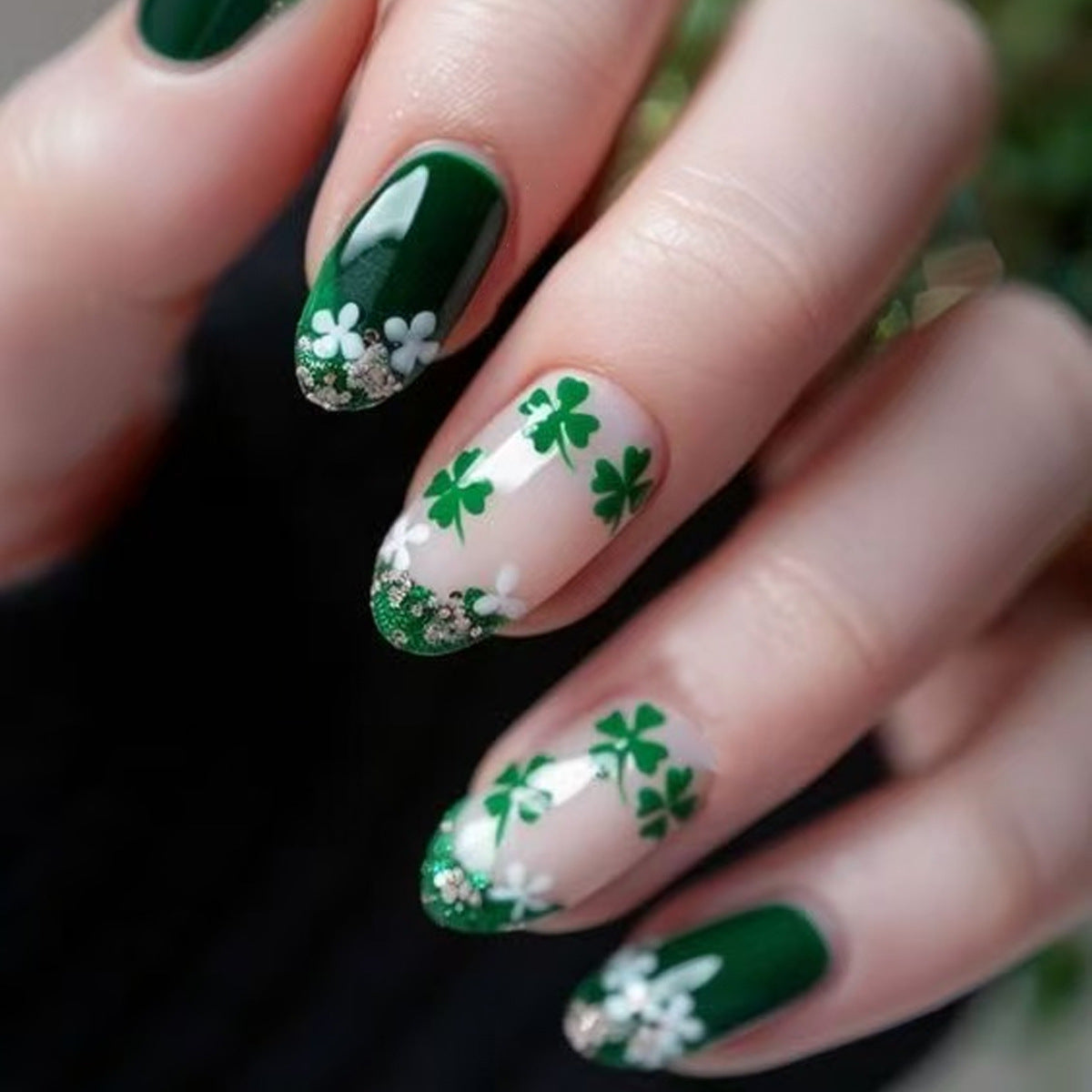 Lucky Clover Chic Green Medium Oval Press On Nail Set with Sparkling Floral Accents