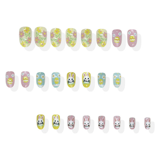 Bunny Blossom Delight Medium Oval Pastel Floral with Adorable Bunny Designs Press On Nail Set