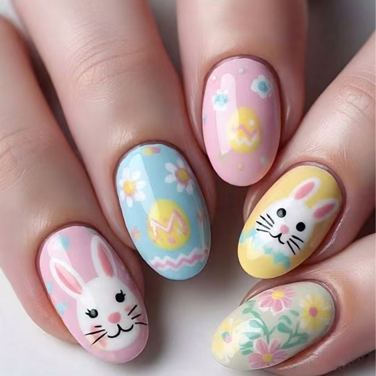 Springtime Delight Medium Oval Pastel Colorful Bunny and Floral Art Press-On Nail Set