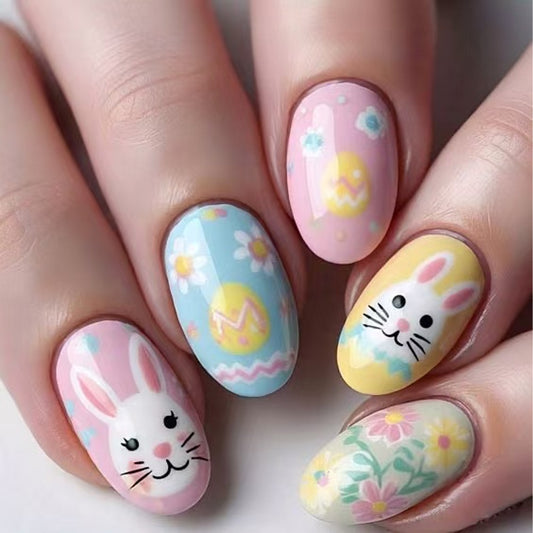 Springtime Delight Medium Oval Pastel Colorful Bunny and Floral Art Press-On Nail Set