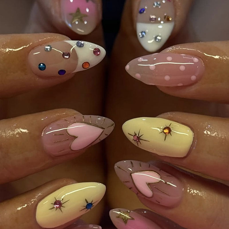 Whimsical Love Theme Long Almond Shaped Pastel and Glitter Press-On Nail Set with Charming Heart Designs