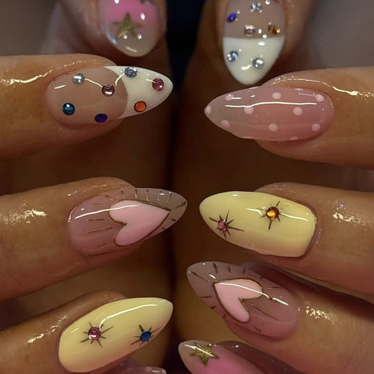 Whimsical Love Theme Long Almond Shaped Pastel and Glitter Press-On Nail Set with Charming Heart Designs