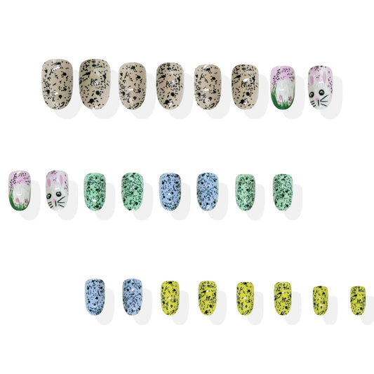 Whimsical Spring Medium Floral Oval Acrylic Press-On Nail Set Featuring Playful Bunny and Nature Designs in Pastel and Vibrant Colors