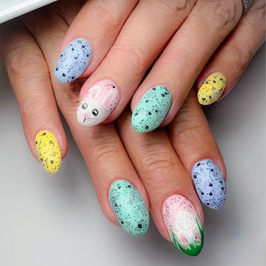 Springtime Delight Medium Oval Multi-Colored with Adorable Bunny and Floral Accents Press-On Nail Set
