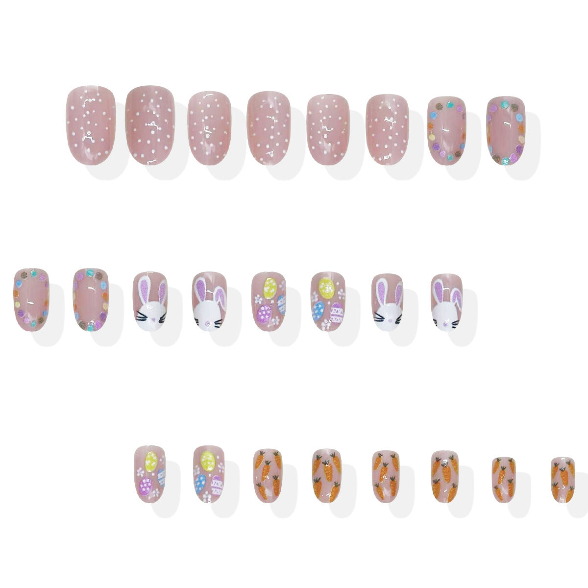 Whimsical Spring Celebration Press-On Nail Set Short Oval Soft Pink with Festive Bunny and Carrot Art