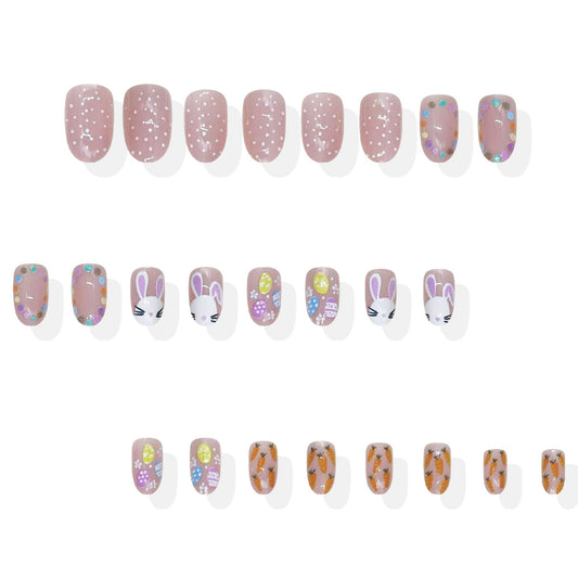 Whimsical Spring Celebration Press-On Nail Set Short Oval Soft Pink with Festive Bunny and Carrot Art