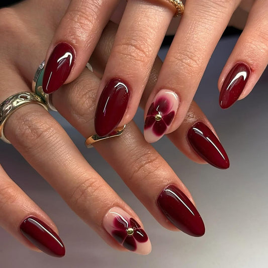 Elegant Floral Delight Long Almond Burgundy Glossy Nails with Unique Floral Design