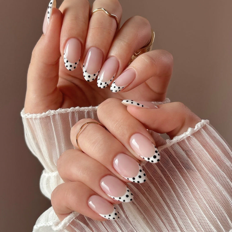 Chic Elegance Medium Oval Pink with Black Dotted Tips Press On Nail Set