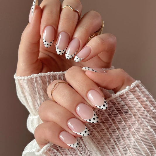 Chic Elegance Medium Oval Pink with Black Dotted Tips Press On Nail Set