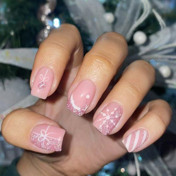 Charming Winter Wonderland Medium Square Pink Glittery Press On Nail Set with Festive Designs