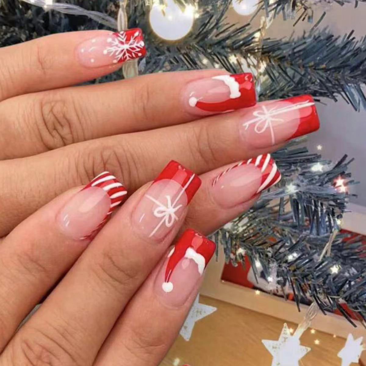 Festive Cheer Long Square Bright Red with Whimsical Holiday Designs Press-On Nail Set