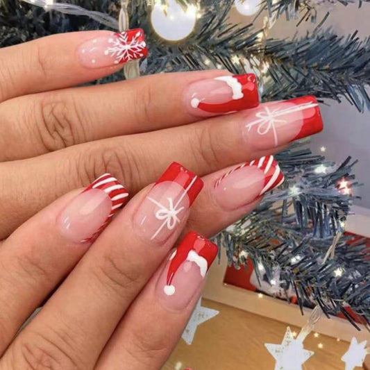 Festive Cheer Long Square Bright Red with Whimsical Holiday Designs Press-On Nail Set