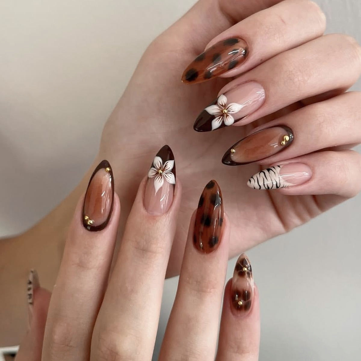 Wild Safari Elegant Long Almond Brown Ombre with Floral Accents Press On Nail Set