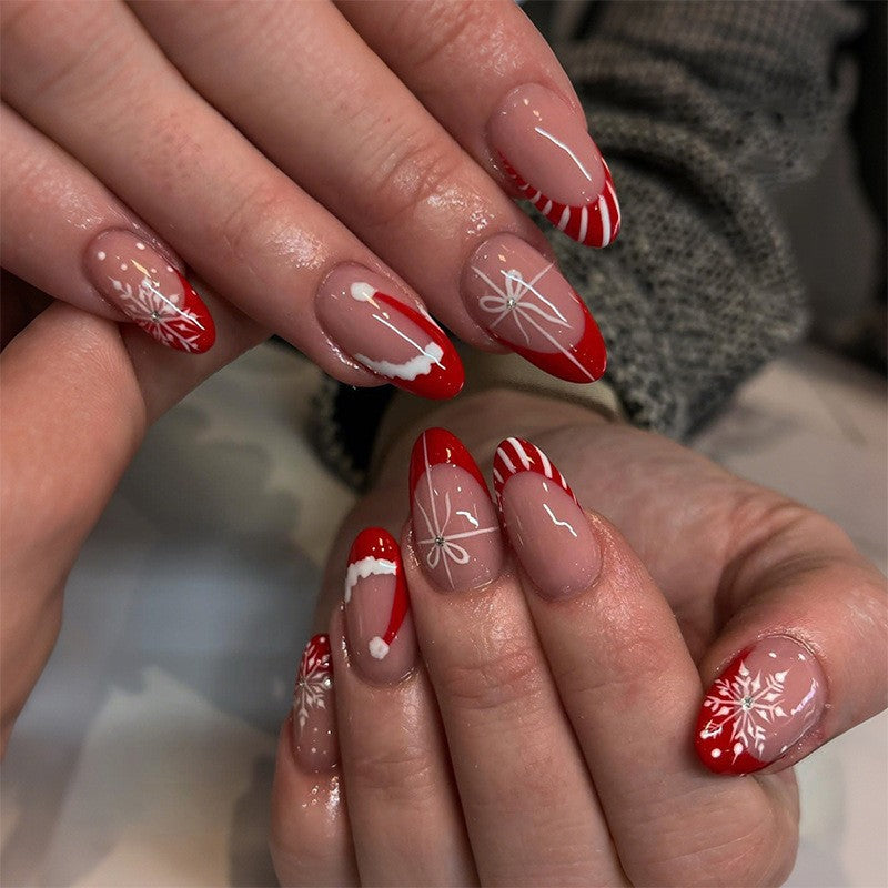 Festive Wonderland Medium Almond Red with Whimsical Holiday Patterns Press On Nail Set