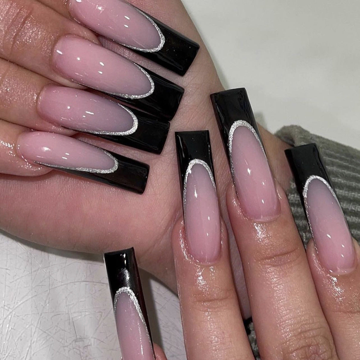 Glamorous Elegance Long Square Pink and Black Nails with Dazzling Silver Accent
