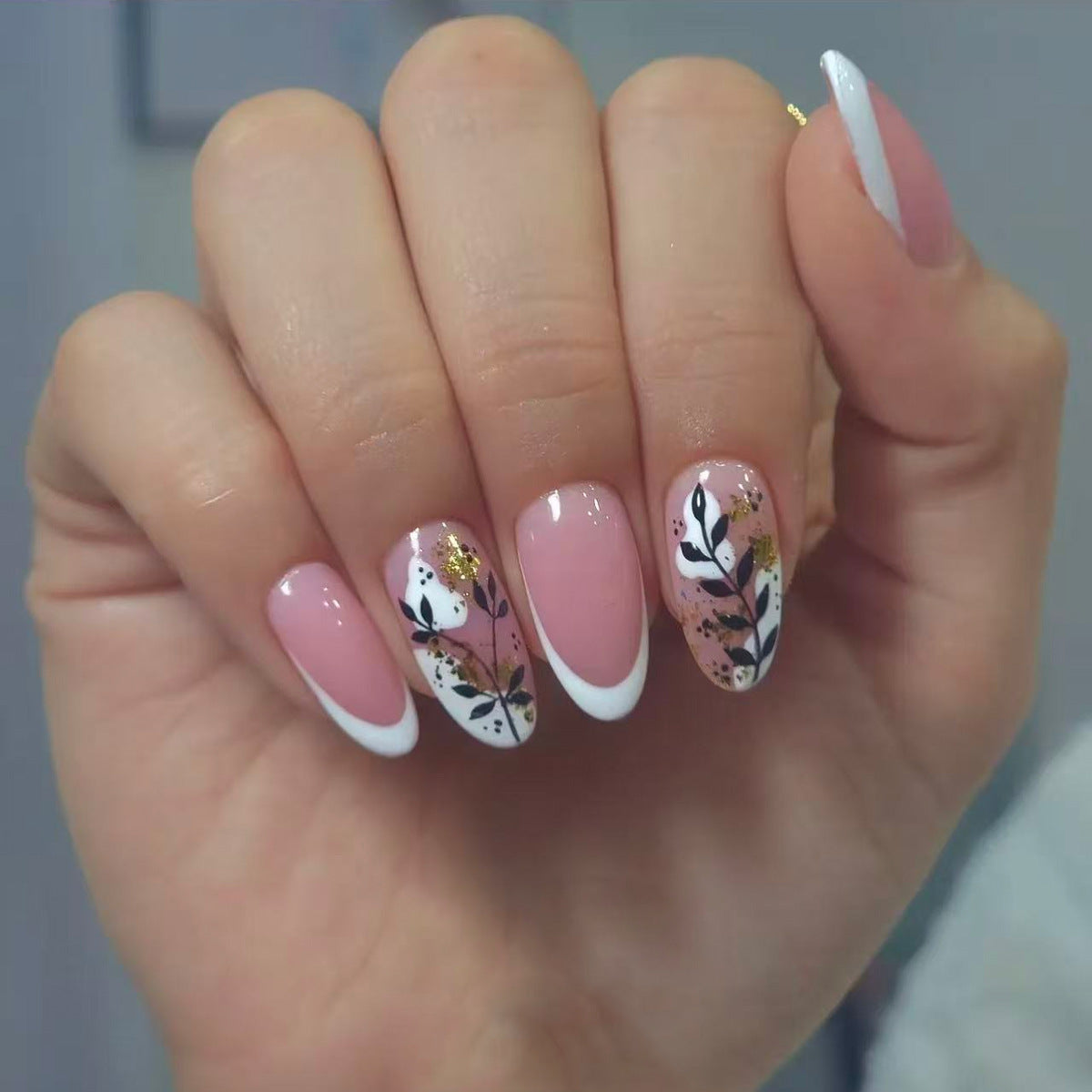 Floral Elegance Long Almond Pink with White Tips and Gold Leaf Art Press-On Nail Set