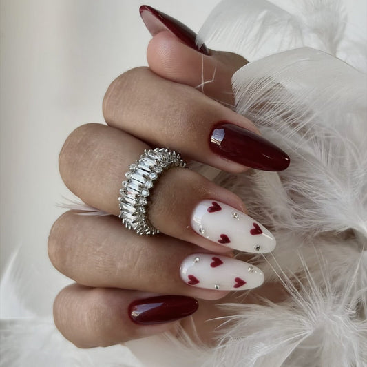 Romantic Elegance Long Almond Burgundy Red Press On Nail Set with Heart and Rhinestone Accents