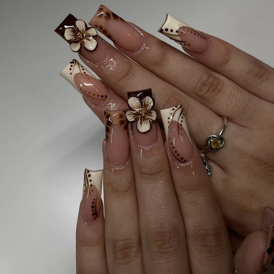 Bohemian Elegance Long Square Almond Beige with Chocolate Floral Design Press On Nail Set