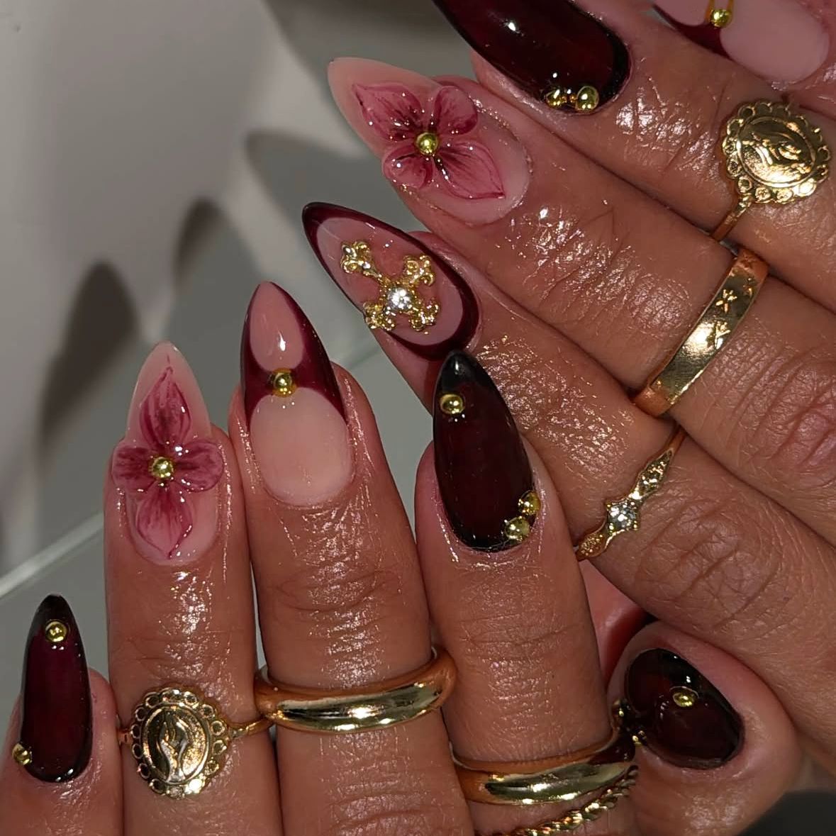 Elegant Floral Fantasy Long Almond Burgundy and Pink Press-On Nail Set with Golden Accents