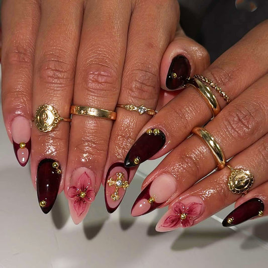 Gothic Elegance Long Almond Burgundy and Beige Nail Set with Floral Accents and Gold Studs