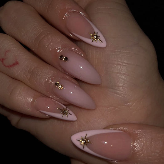 Celestial Glamour Long Almond Pink Press On Nail Set with Star Accents