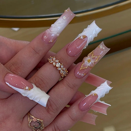 Elegant Blossom Fantasy Long Square Pink and White Press On Nail Set with Stunning Floral Accents