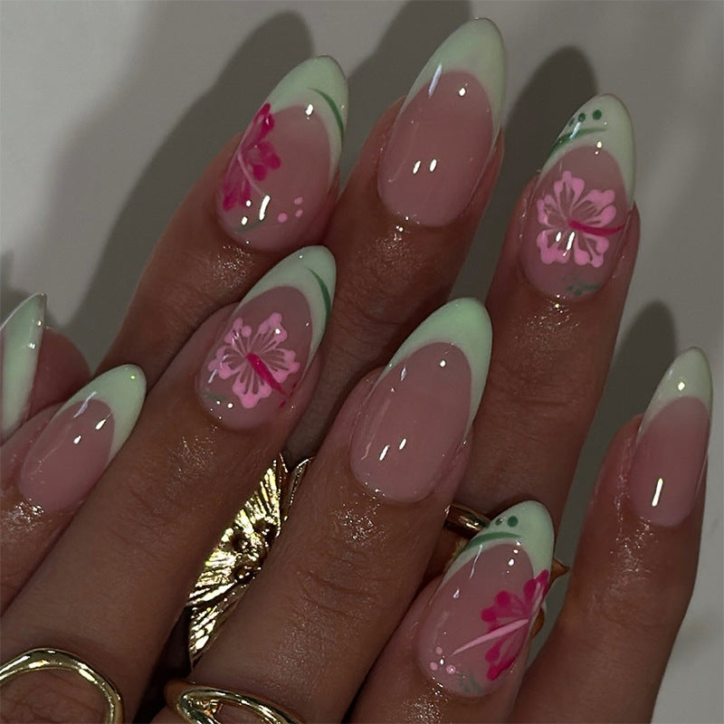 Charming Floral Fantasy Long Almond Shaped Green and Pink Ombre Nail Set with In-Bloom Designs
