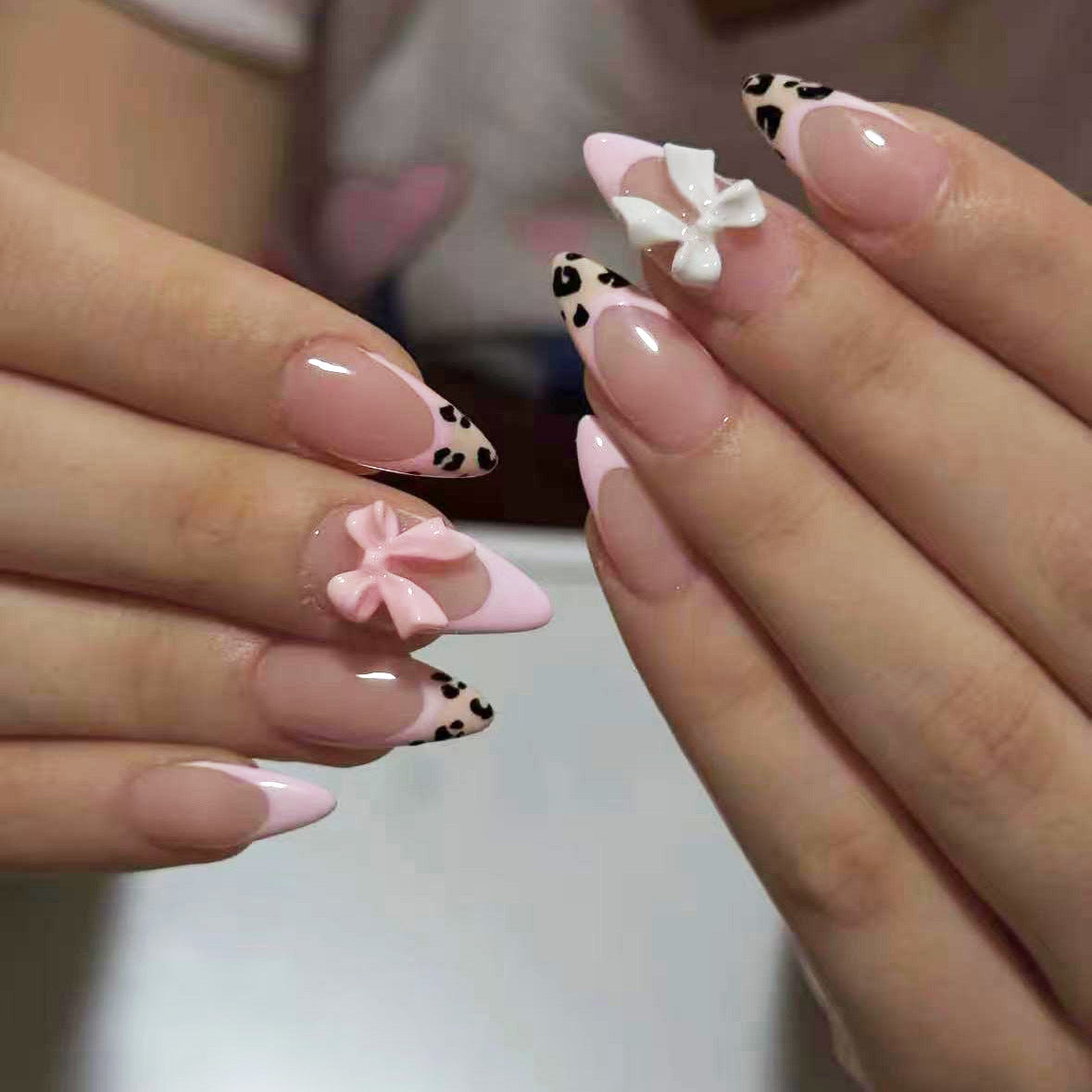 Chic Catwalk Medium Almond Pink with Leopard Print and Cute Bow Decor Press On Nail Set