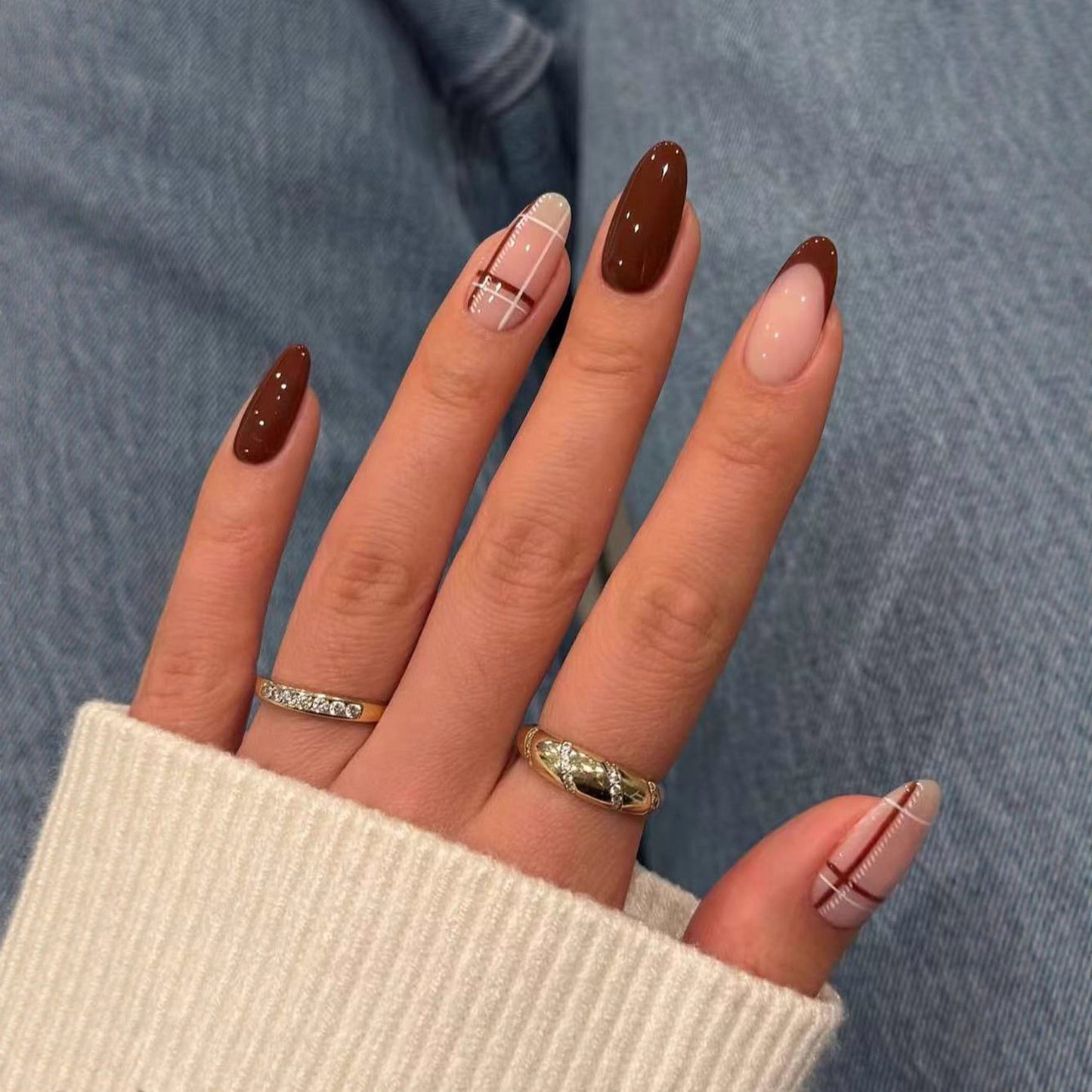 Chic Autumn Elegance Long Almond Brown and Cream Gradient with Trendy Plaid Design Press On Nail Set