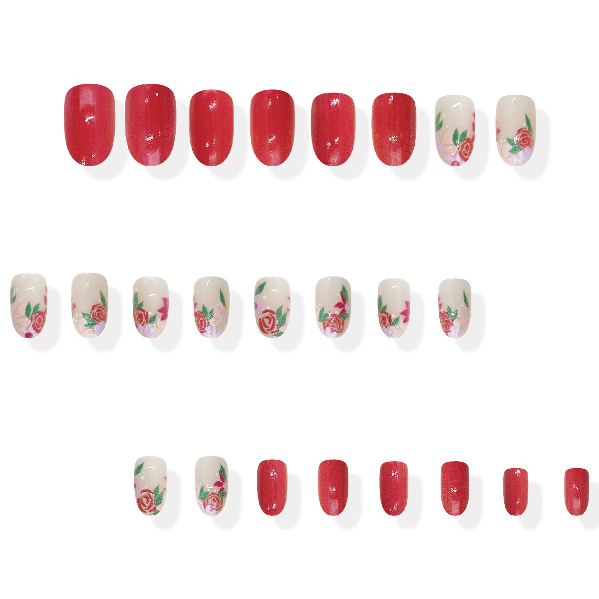 Romantic Garden Red Medium Oval Nail Set with Charming Floral Accents