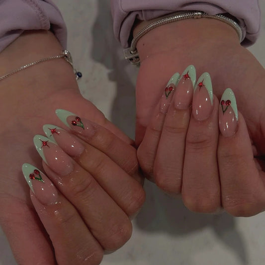 Charming Garden Dream Long Almond Mint Green Press On Nails with Floral Heart Accents