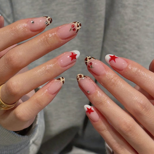 Wild Safari Inspired Medium Almond Shaped Beige and Leopard Print Press On Nail Set with Dazzling Star Accents