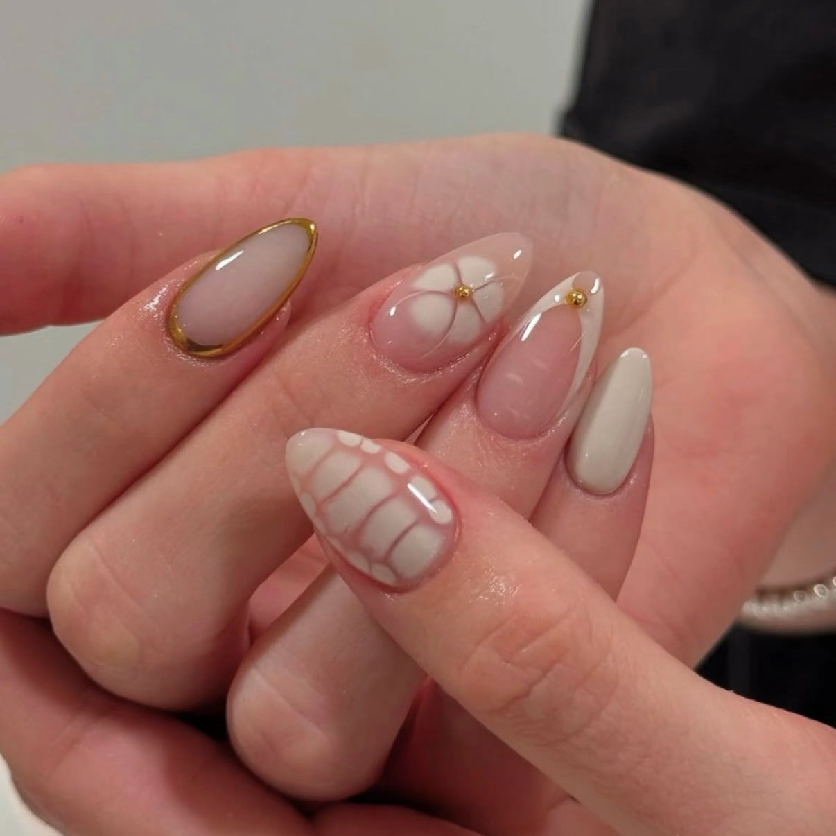 Elegant Whisper Long Almond Shaped Neutral Color with Golden Accent Details Press On Nail Set