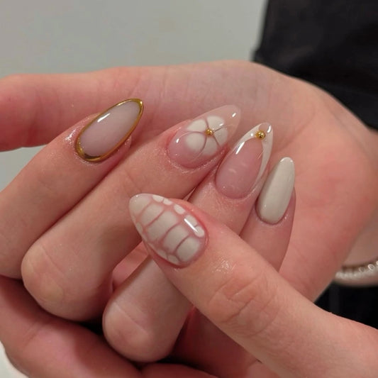 Elegant Whisper Long Almond Shaped Neutral Color with Golden Accent Details Press On Nail Set