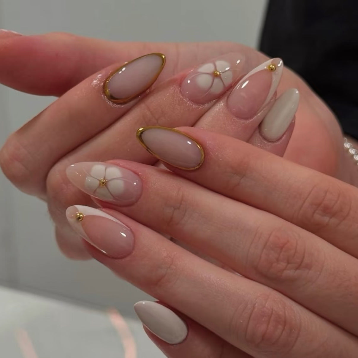 Elegant Garden Inspired Long Almond Shape Beige Color with Floral Accents and Gold Trim Press On Nail Set