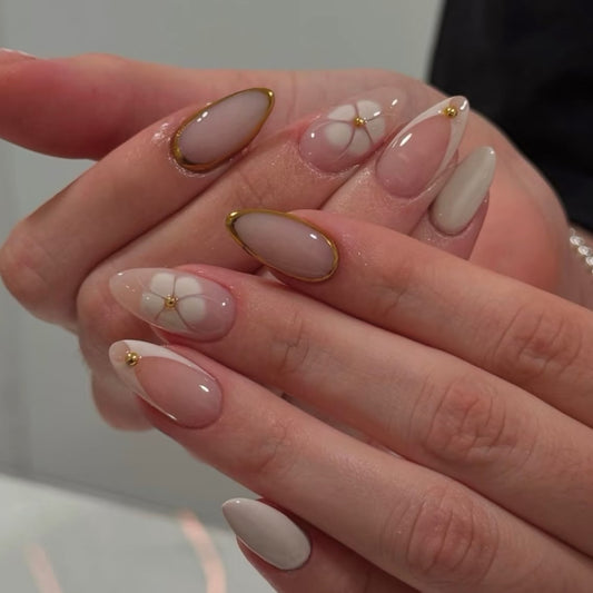 Elegant Garden Inspired Long Almond Shape Beige Color with Floral Accents and Gold Trim Press On Nail Set