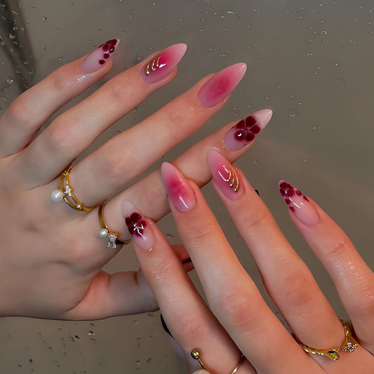 Floral Fantasy Long Almond Gradient Pink Nail Set with Unique Artistic Embellishments