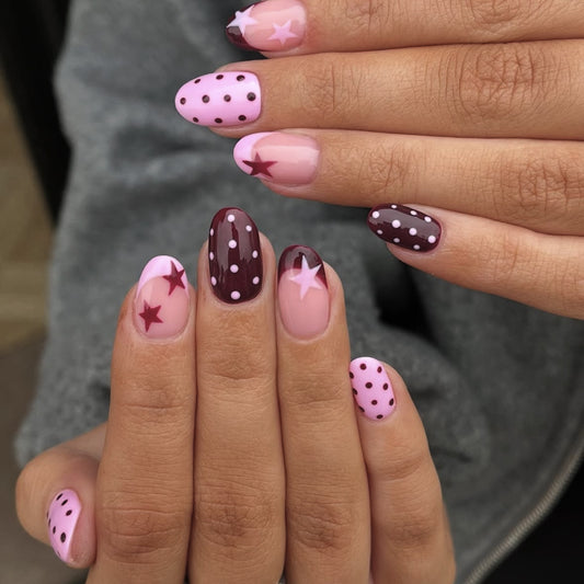 Starlit Dream Medium Oval Pink and Burgundy Nail Set with Fun Polka Dot and Star Designs
