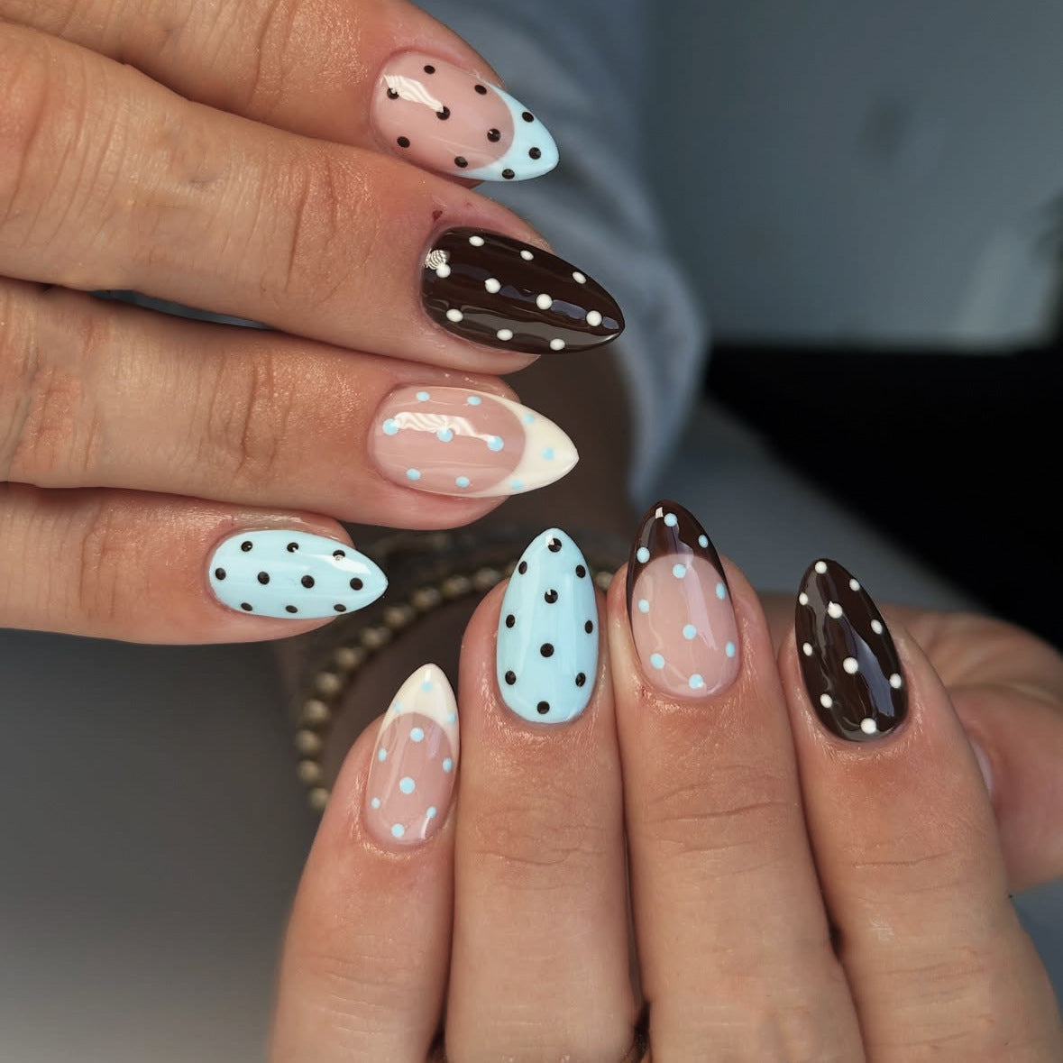 Whimsical Polka Dot Medium Almond Press On Nail Set featuring Charming Blue and Rich Brown with Delightful Dots