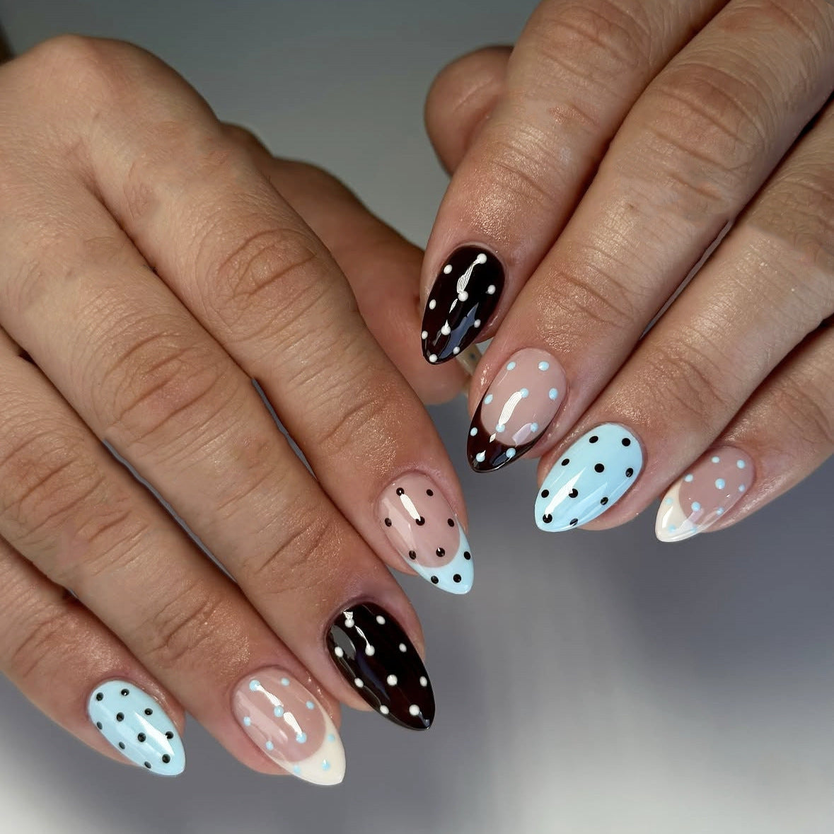 Whimsical Dream Press On Nail Set Medium Almond Shape Pastel Blue and Brown Unique Polka Dot Design