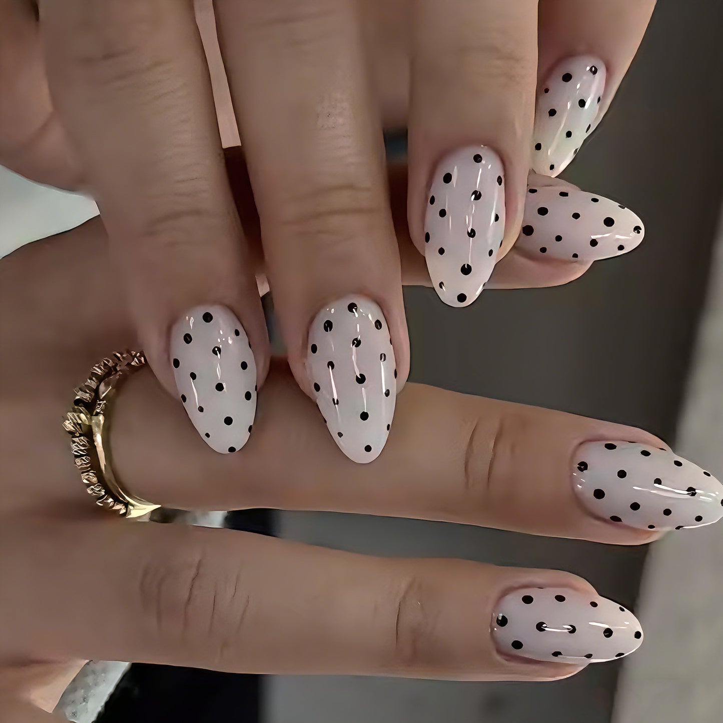 Chic Polka Dot Design Medium Almond Shaped Soft Pink with Glossy Finish Press On Nail Set